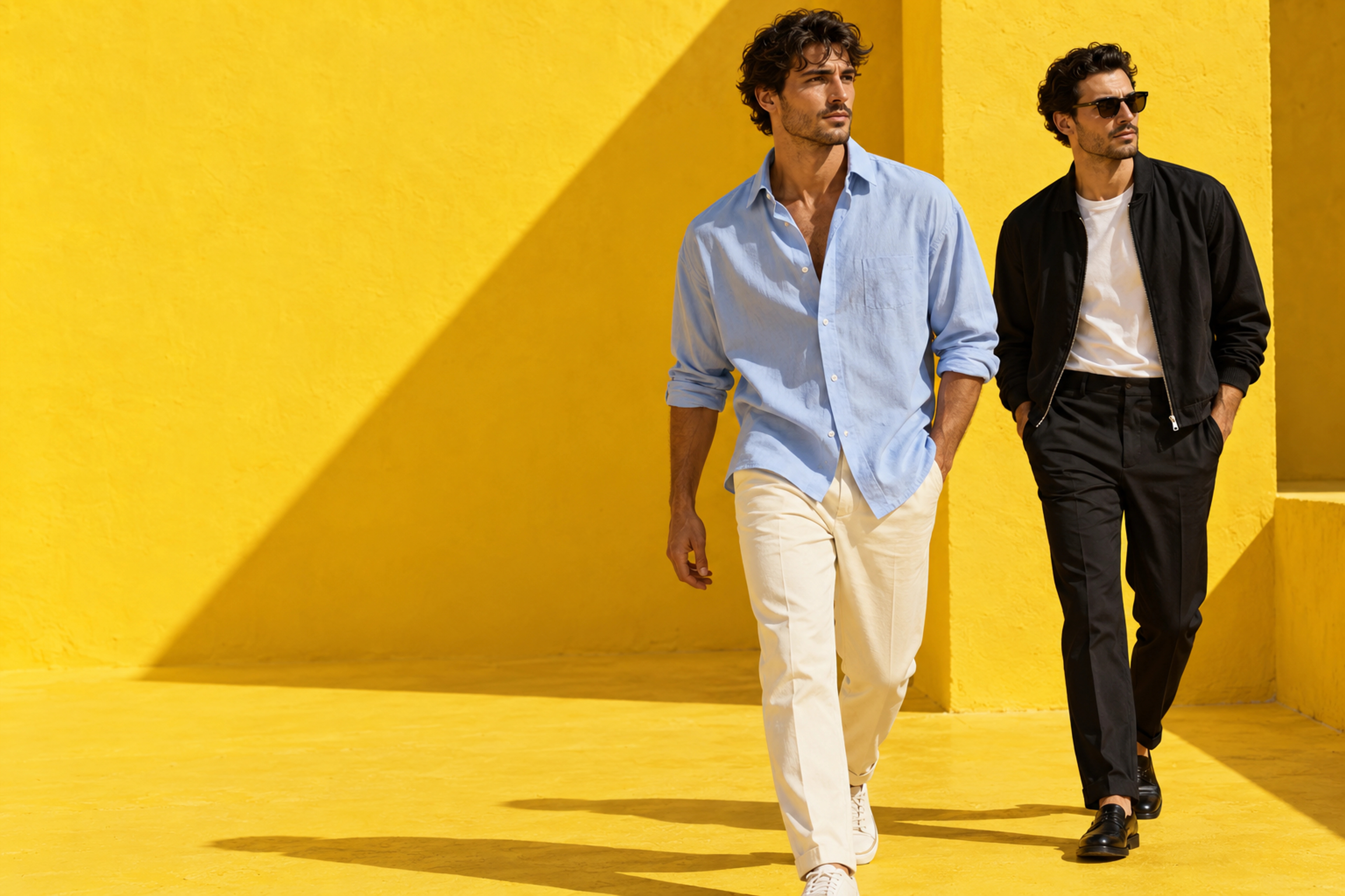 Dos hombres con camisa azul y chaqueta negra en una campaña sobre amarillo