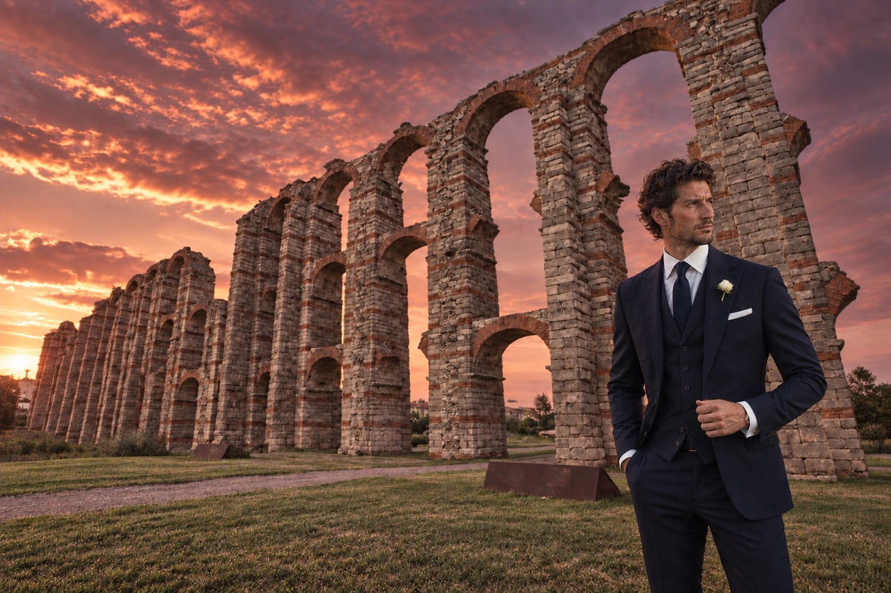 Imagen de campaña de Nuptiae con un traje de ceremonia ante el acueducto de Mérida